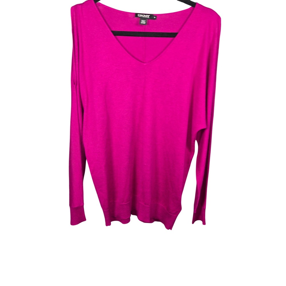 DKNY Silk Cashmere Cold Shoulder V-Neck Sweater Magenta Pink Womens Medium